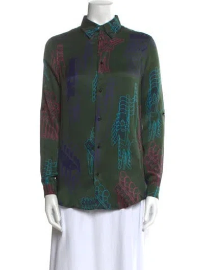 Pre-owned Julien David Silk Printed Button-up Top In Green