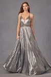 Juliet 226 Long Formal Pleated Metallic Prom Dress In Gray