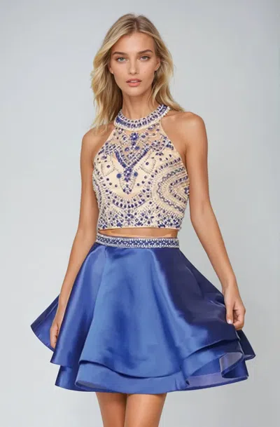 Juliet 777 Short Cocktail Two Piece Beaded Layered Dress In Blue