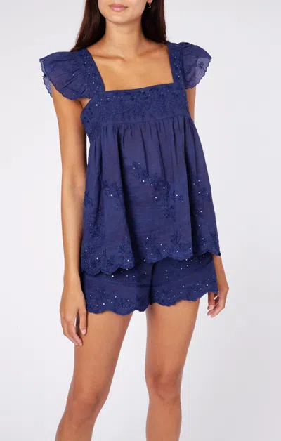 Juliet Dunn Acid Wash Baby Doll Top With Tonal Lotus Embroidery Indigo
