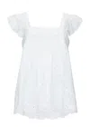 Juliet Dunn Acid Wash Baby Doll Top With Tonal Lotus Embroidery White