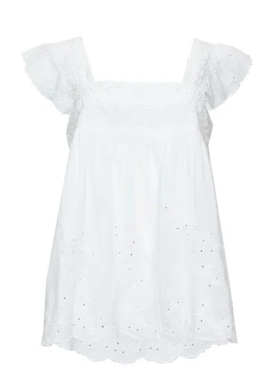 Juliet Dunn Acid Wash Baby Doll Top With Tonal Lotus Embroidery White