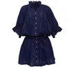 Juliet Dunn Acid Wash Blouson Dress With Tonal Lotus Embroidery Indigo In Blue