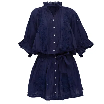 Juliet Dunn Acid Wash Blouson Dress With Tonal Lotus Embroidery Indigo In Blue