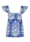 Juliet Dunn Baby Doll Top In Palladio Block Print Lined Blue In Blue