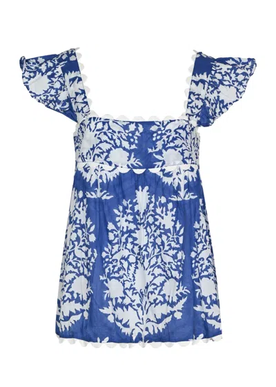 Juliet Dunn Baby Doll Top In Palladio Block Print Lined Blue