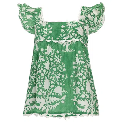 Juliet Dunn Baby Doll Top In Palladio Block Print Lined Green