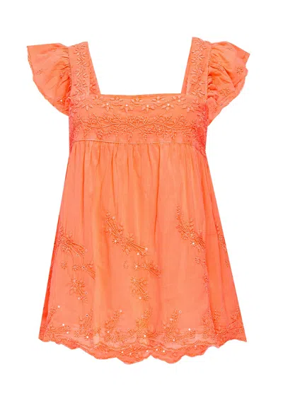 Juliet Dunn Baby Doll Top With Tonal Embro In Orange