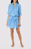 Juliet Dunn Blouson Dress: Flower Block Print In Dual Blue Tones In Blue