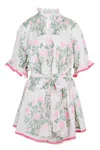 Juliet Dunn Blouson Dress In Japanese Flower Print With Slip White/blue/sage In White