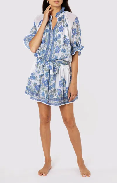 Juliet Dunn Blouson Dress In Rose Border Block Print With Slip White/klein Blue