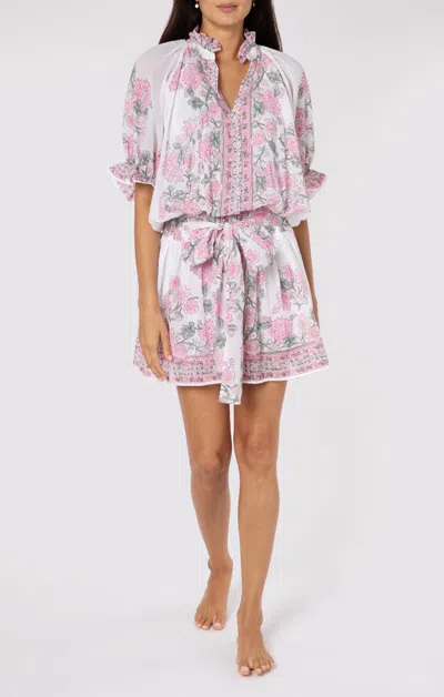 Juliet Dunn Blouson Dress In Rose Border Block Print With Slip White/lipstick In Multi