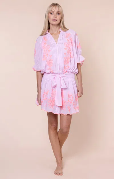 Juliet Dunn Blouson Dress With Butterfly Embroidery Petal Pink/candy In Purple
