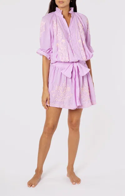 Juliet Dunn Blouson Dress With Contrast Lotus Embroidery With Slip Lilac/pale Pink