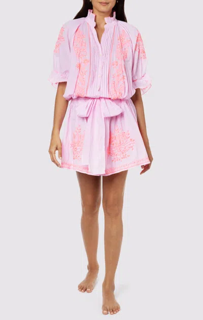 Juliet Dunn Blouson Dress With Contrast Lotus Embroidery With Slip Pale Pink/neon Peach