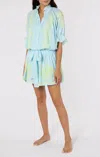Juliet Dunn Blouson Dress With Contrast Lotus Embroidery With Slip Turq Pistachio In Blue