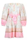 Juliet Dunn Boho Dress In Cage Block Print White/pink Grapefruit In White