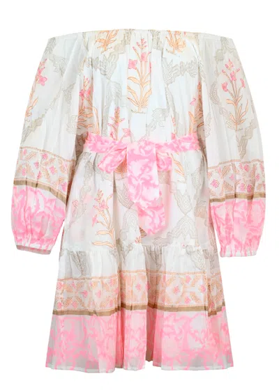 Juliet Dunn Boho Dress In Cage Block Print White/pink Grapefruit