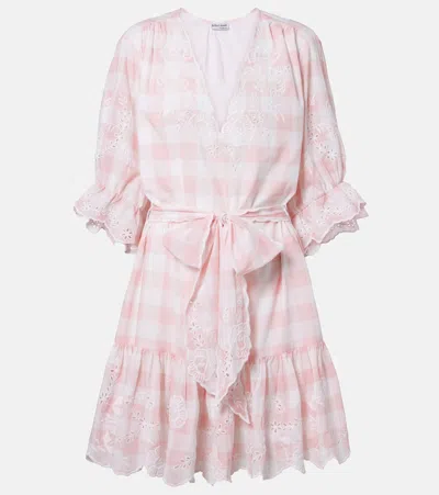 Juliet Dunn Broderie Anglaise Checked Cotton Poplin Minidress In Pink