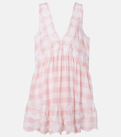 Juliet Dunn Broderie Anglaise Checked Cotton Poplin Minidress In Pink