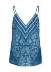 Juliet Dunn Cami Top With Dhaka Print &amp; Silver Trim Petrol &amp; White In Blue