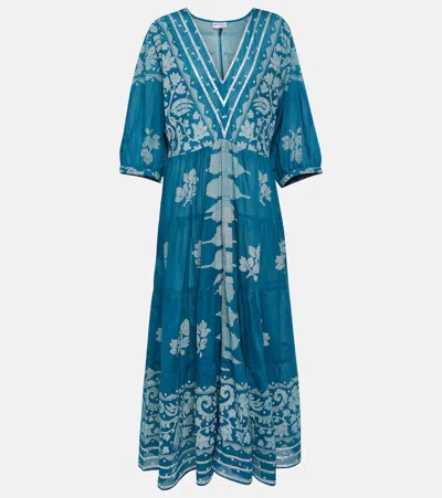 Juliet Dunn Dhaka Printed Cotton Maxi Dress In Petrol/white