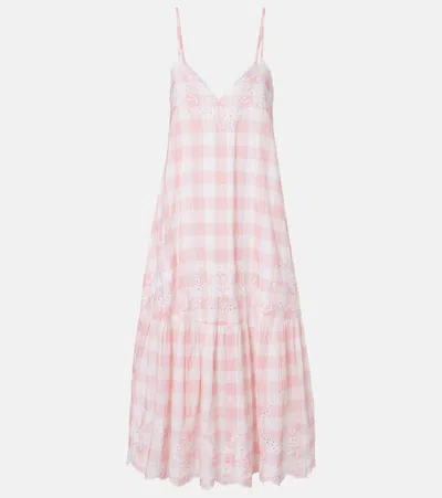 Juliet Dunn Embroidered Checked Cotton Midi Dress In Pink