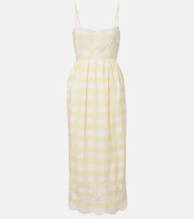 Juliet Dunn Embroidered Checked Cotton Midi Dress In Yellow
