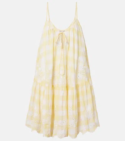 Juliet Dunn Embroidered Checked Cotton Minidress In Yellow
