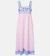Juliet Dunn Embroidered Cotton And Linen Midi Dress In Blue