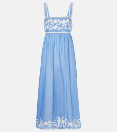 Juliet Dunn Embroidered Cotton Chambray Midi Dress In Blue