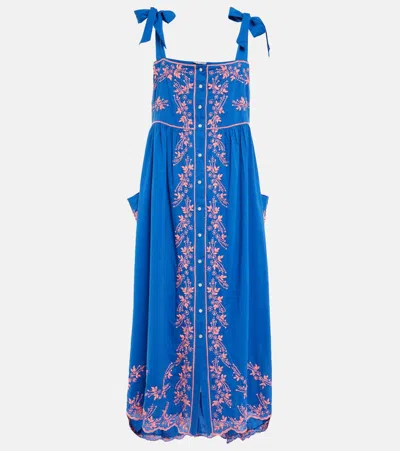Juliet Dunn Embroidered Cotton Midi Dress In Royal Blue/neon Peach