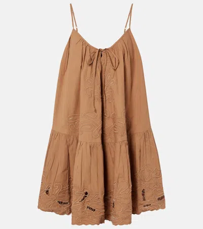 Juliet Dunn Embroidered Cotton Minidress In Brown