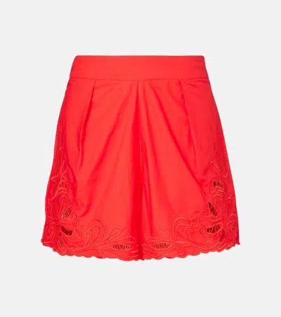 Juliet Dunn Embroidered Cotton Shorts In Red