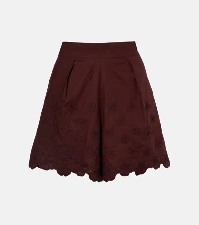 Juliet Dunn Embroidered Floral Cotton Poplin Shorts In Red