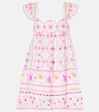 Juliet Dunn Embroidered Printed Cotton Minidress In White/fuchsia/ Mango/neon Pink