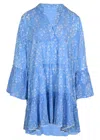 Juliet Dunn Flared Sleeve Dress In Small Flower Block Print Blue In Blue
