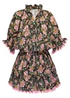 Juliet Dunn Floral Block Print Blouson Dress With Ric Rac Black Multi In Multi
