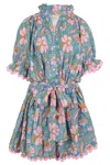 Juliet Dunn Floral Block Print Blouson Dress With Ric Rac Blue Mullti