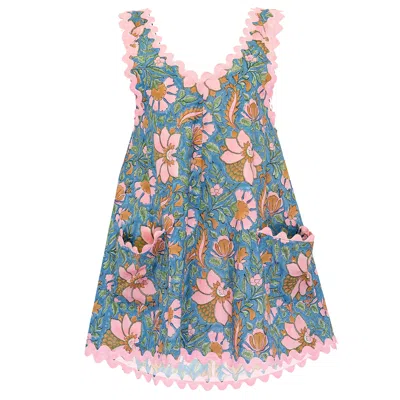 Juliet Dunn Floral Block Print Low Back Dress With Ric Rac Blue Multi In Gray