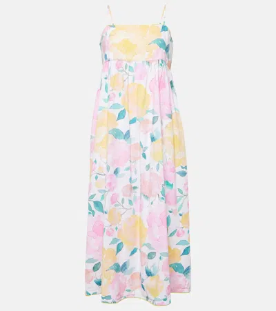 Juliet Dunn Floral Cotton And Linen Midi Dress In Multicoloured