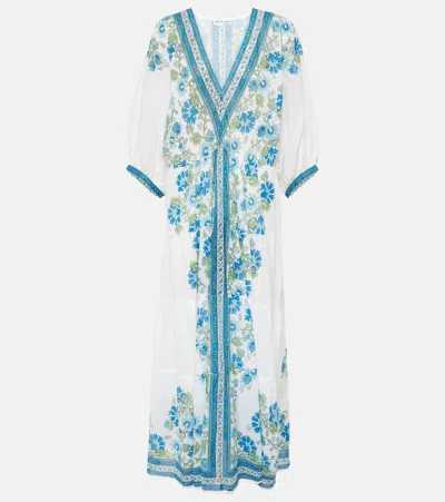 Juliet Dunn Floral Cotton Maxi Dress In White/r.blue/aqua