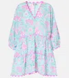 Juliet Dunn Floral Cotton Minidress In Aqua Fuchsia