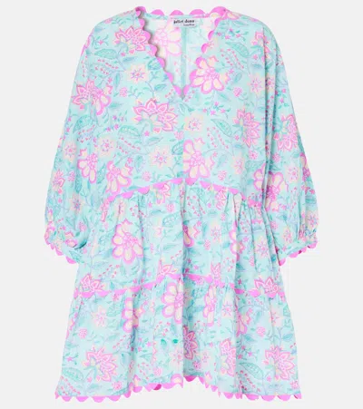 Juliet Dunn Floral Cotton Minidress In Aqua Fuchsia
