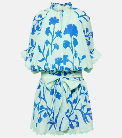 Juliet Dunn Floral Cotton Shirt Dress In Aqua/r.blue