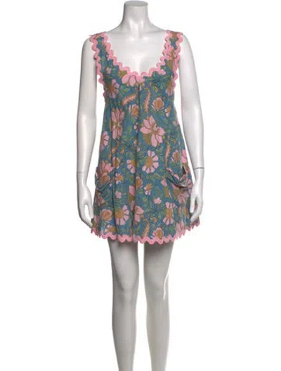 Pre-owned Juliet Dunn Floral Print Mini Dress In Blue