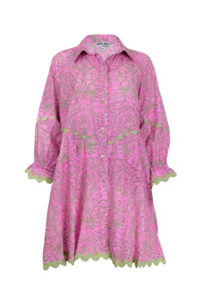Juliet Dunn Floral Print Raglan Shirt Dress W/ric Rac Trim Orchid/mint