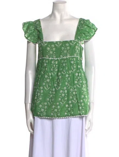 Pre-owned Juliet Dunn Floral Print Square Neckline Blouse In Green