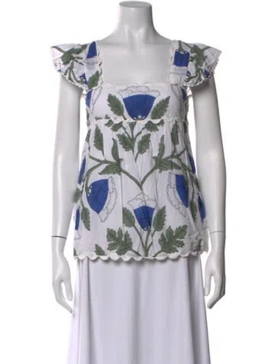 Pre-owned Juliet Dunn Floral Print Square Neckline Blouse In White