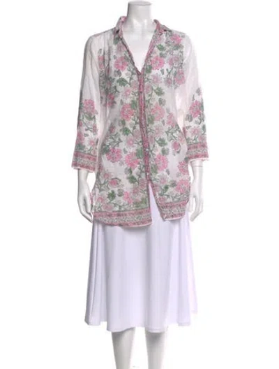 Pre-owned Juliet Dunn Floral Print Three-quarter Sleeve Button-up Top In Multi